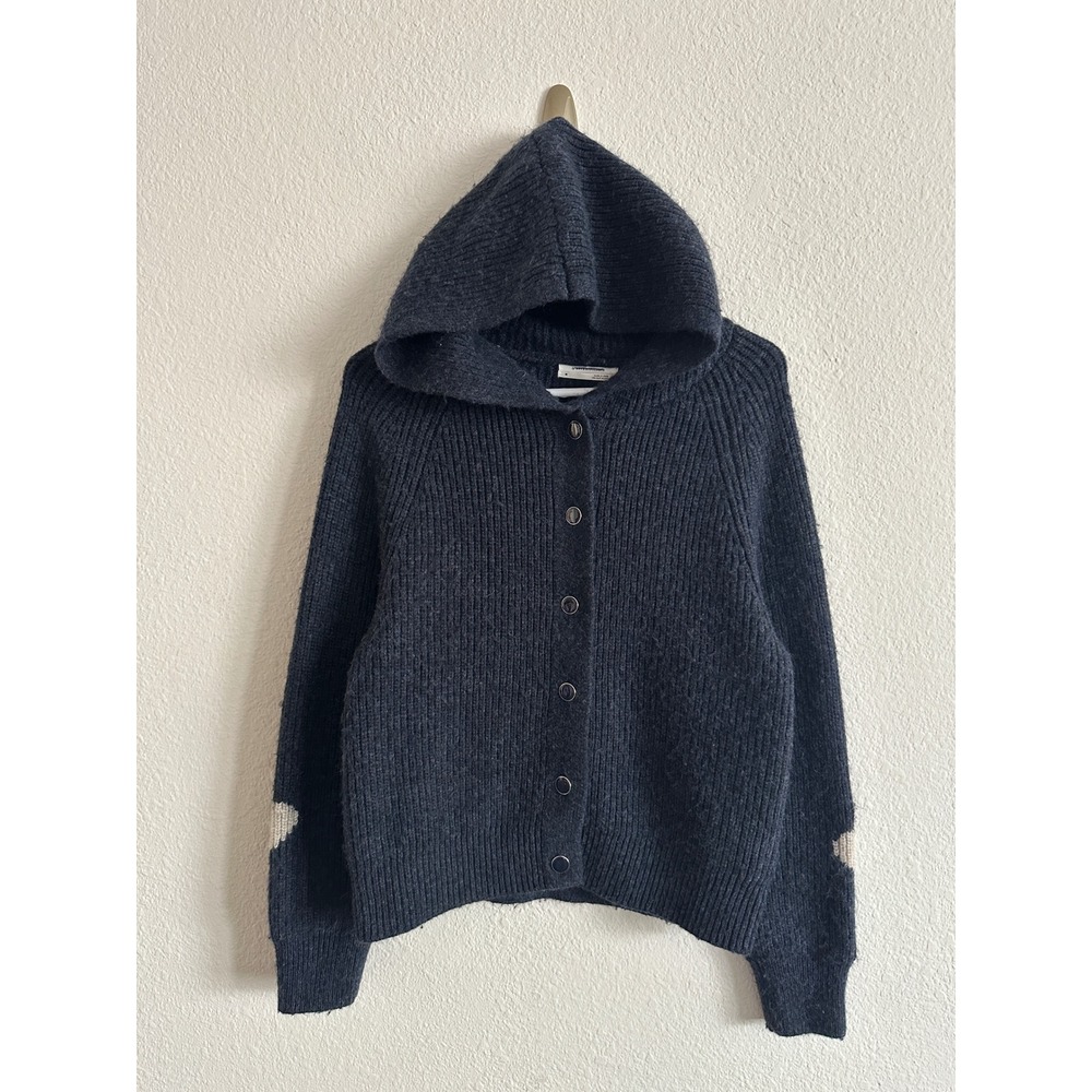 Anthropologie Navy Blue Ribbed Knit Heart Elbow Patch Hooded Cardigan Boho M